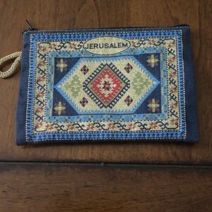 Jerusalem Embroidered Blue and Gold Cosmetic Pouch